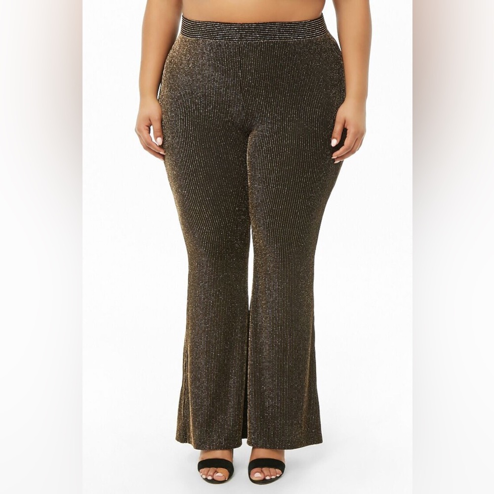 Forever 21+ Black Rose Gold Stripe Glitter Flare Pants